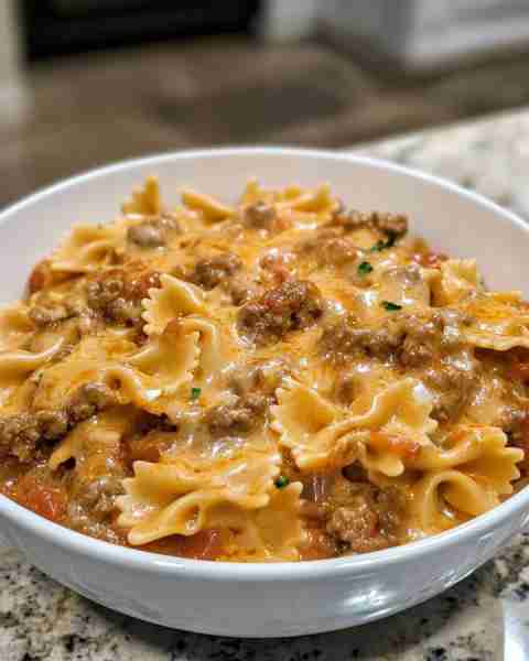 Cheesy Ground Beef Bowtie Pasta in Velveeta Cream Sauce Ingredients: 2.25 pounds ground beef 1 (8 o...