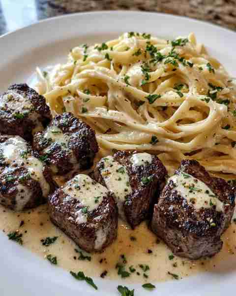 Garlic Butter Steak Bites with Rich Creamy Fettuccine Ingredients: For the Garlic Butter Steak Bites...