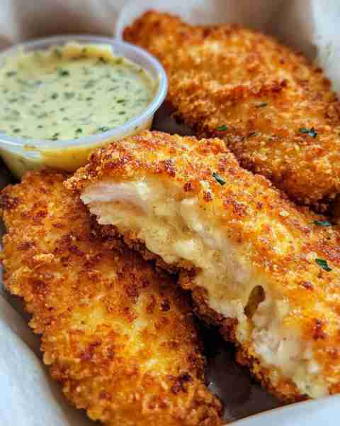 Crispy Cheddar Chicken Tenders with Ranch Dip Ingredients: 4 boneless, skinless chicken breasts, cut...
