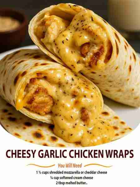 Cheesy Garlic Chicken Wraps Ingredients Cooked Chicken 2 cups shredded or diced chicken Cheese Fil...