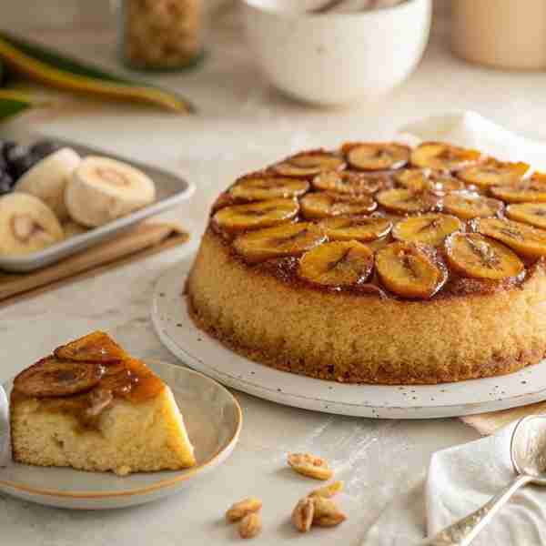 Upside-Down Banana Cake – Caramelized, Moist & Ready in 5 Easy Steps! Ripe bananas, gooey caramel to...