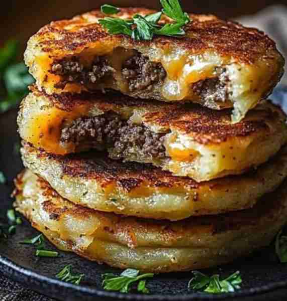 Crispy Golden Potato Pancakes Stuffed with Savory Beef and Melty Cheese Ingredients: 4 medium russet...