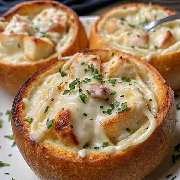 Chicken Alfredo Garlic Bread Bowls Ingredients: For the Bread Bowls: 4 small round sourdough bread r...