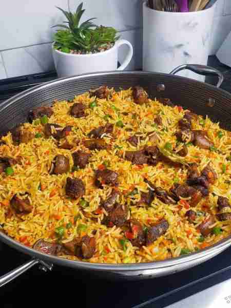 Spiced Goat Meat Fried Rice 🍚🔥🥩 Ingredients: 2 cups cooked rice 🍚 1 lb goat meat, cooked & fried...