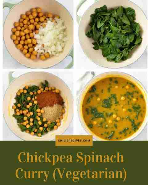 Chickpea Spinach Curry (Vegetarian) Ingredients: Chickpeas, spinach, onion, coconut milk, curry powd...