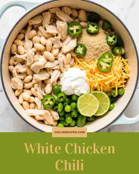 White Chicken Chili Ingredients: Shredded chicken, white beans, green chilies, sour cream, cumin Met...