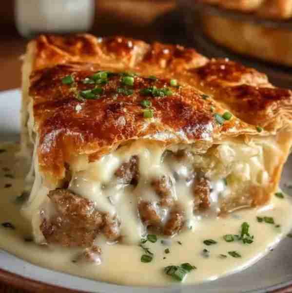 Savory Sausage Cream Pie 🥧🧄 Ingredients: 1 pie crust (top and bottom) 1 lb ground sausage 1 small...