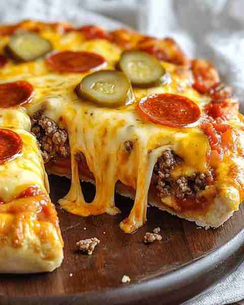 Cheesy Pizza Burger Pie Ingredients: 1 package pizza dough (store-bought or homemade) 1 lb ground be...