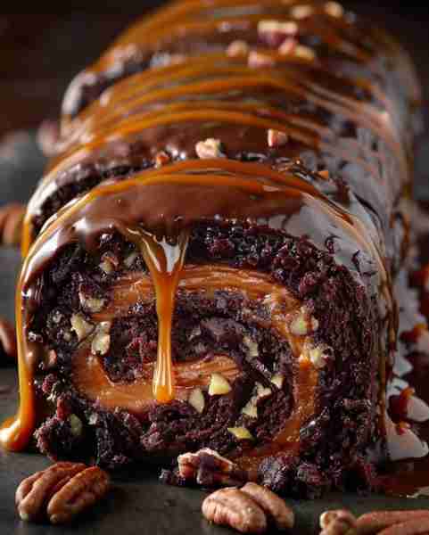 Gooey Caramel Pecan Chocolate Roll Ingredients: 1 cup all-purpose flour 1/2 cup cocoa powder 1 tsp b...