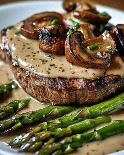 Steak with Creamy Mushroom Sauce and Grilled Asparagus This is a steak lovers dream come true. This...