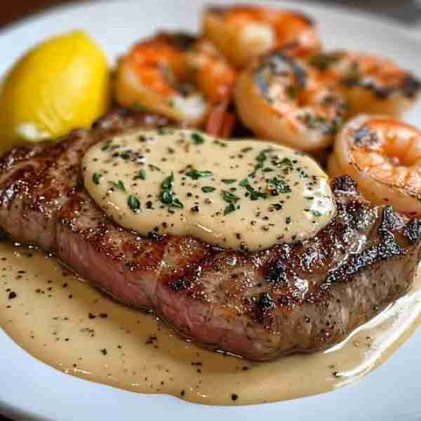 Garlic Cream Steak & Shrimp Duo 🥩🦐🍋 Tender grilled steak and buttery shrimp topped with a rich ga...