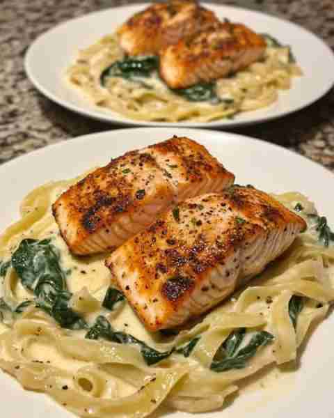 ***Spinach Alfredo with Seared Salmon and Herbs ***Creamy Spinach Alfredo Pasta with Herbed Salmon F...