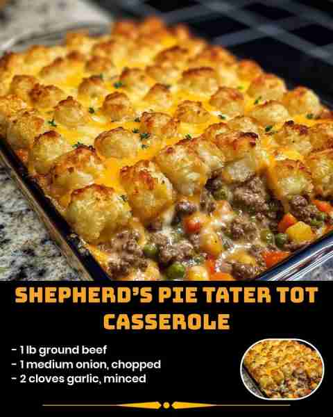 Shepherd’s Pie Tater Tot Casserole Ingredients : 1 lb lean ground beef 1 cup diced yellow onions 12...