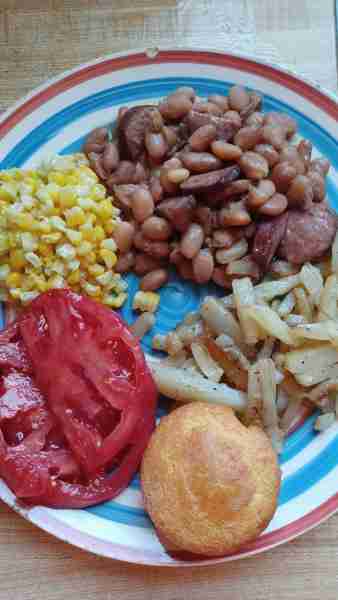 It don't get more country than soup beans, fried potatoes, corn bread, garden fresh corn & tomatoes.