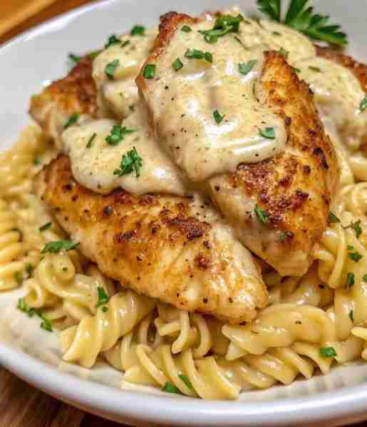 CREAMY GARLIC BUTTER CHICKEN AND ROTINI IN PARMESAN SAUCE 🍗🧄🧀🍝 📋 Ingredients: • 12 oz rotini pa...