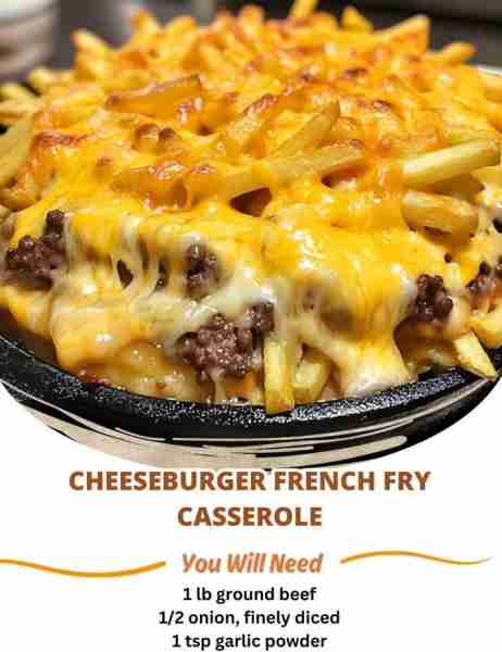 Cheeseburger French Fry Casserole Ingredients: 1 lb ground beef 1/2 onion, finely diced 1 tsp garlic...