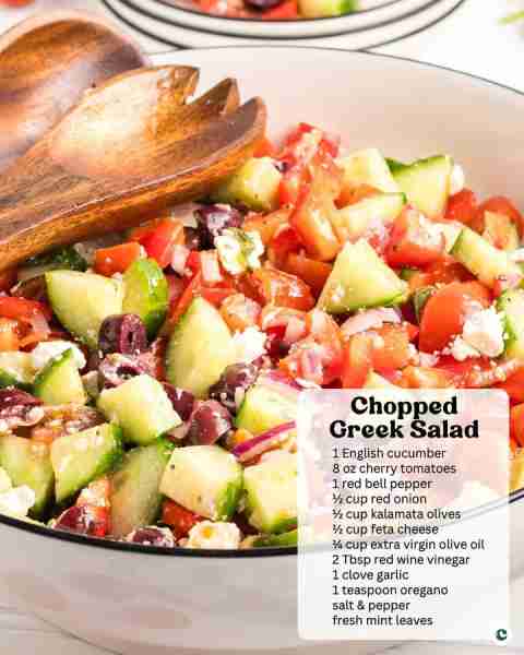 CHOPPED GREEK SALAD 🥗 1 English cucumber 🥗 8 oz cherry tomatoes 🥗 1 red bell pepper 🥗 ½ cup red...
