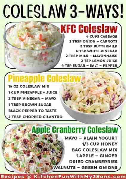 BEST COLESLAW RECIPES! KFC Coleslaw 4 cups cabbage 2 tbsp onion - carrots 2 Tbsp buttermilk 4 tsp wh...