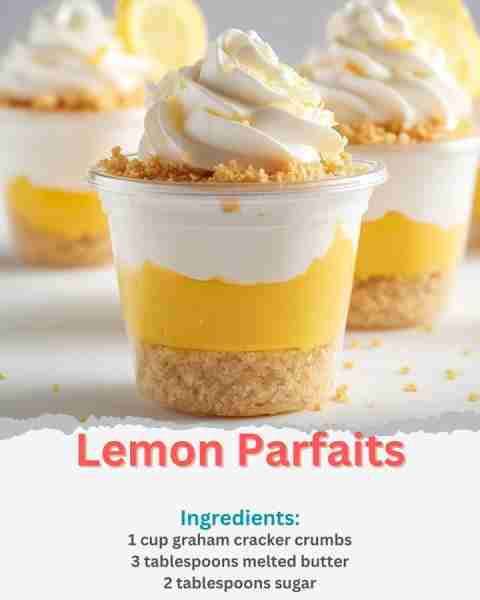 Lemon Parfaits Ingredients: 1 cup graham cracker crumbs 3 tablespoons melted butter 2 tablespoons su...