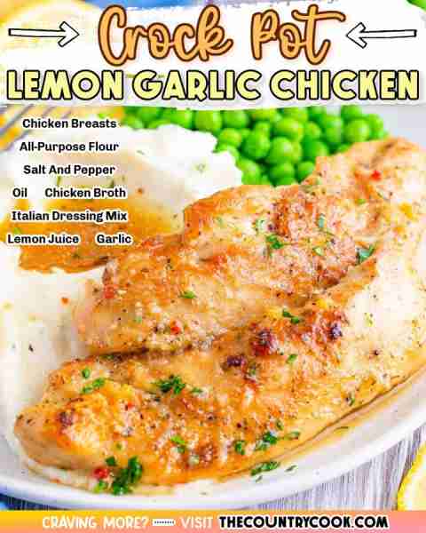 This Crock Pot Lemon Garlic Chicken is made with chicken breasts, lemon juice, garlic, Italian seaso...