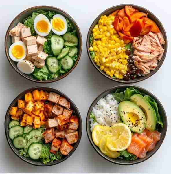 1. Tofu Egg Cucumber Bowl 🥗🥚🥒🍢 Soft-boiled eggs Cubed tofu Cucumber slices Leafy greens Light se...