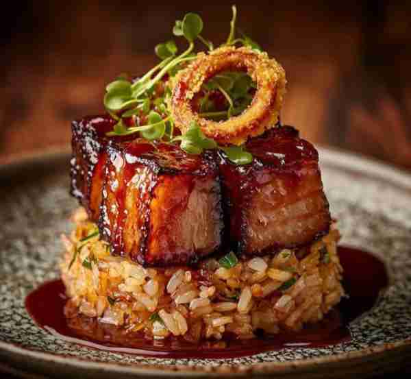 Roasted Pork Belly with Bourbon-Peach Sauce, Fried Rice Roasted Pork Belly : 1.5–2 lbs pork belly, s...