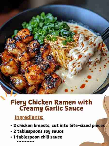Fiery Chicken Ramen with Creamy Garlic Sauce Ingredients: 2 chicken breasts, cut into bite-sized pie...