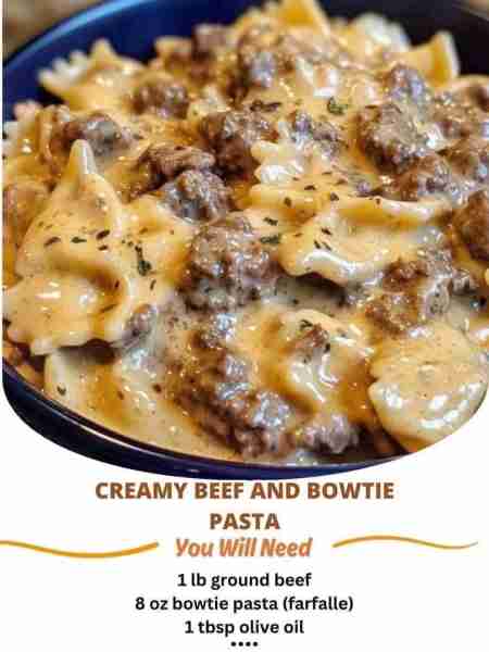 Creamy Beef and Bowtie Pasta Ingredients 1 lb ground beef 8 oz bowtie pasta (farfalle) 1 tbsp olive...