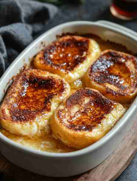 Overnight Crème Brûlée French Toast 🍞🍁💛 Ingredients: 1 loaf French bread 5 eggs 1 cup half-...