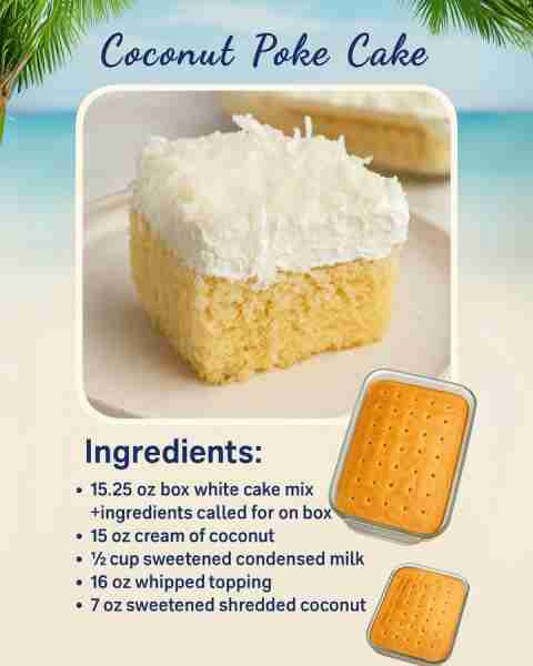 Indulge in a slice of paradise with our COCONUT POKE CAKE 🥥 Key Ingredients: - 1 box of white cake...