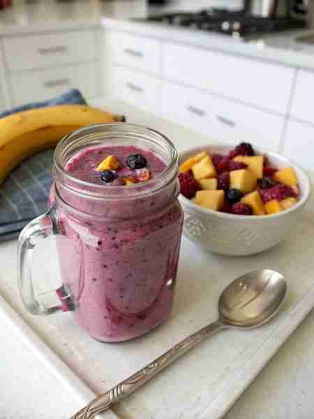 Mixed Berry Banana Smoothie 🍌🫐🍓 Ingredients: 1 banana 🍌 1/2 cup blueberries 🫐 1/2 cup mixed ber...