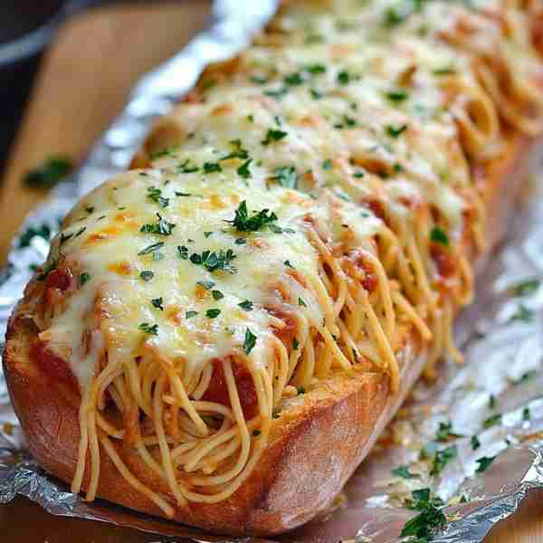 Spaghetti Stuffed Garlic Bread 🍝🥖🧄 Delicious and savory garlic bread filled with spaghetti! 📋 I...
