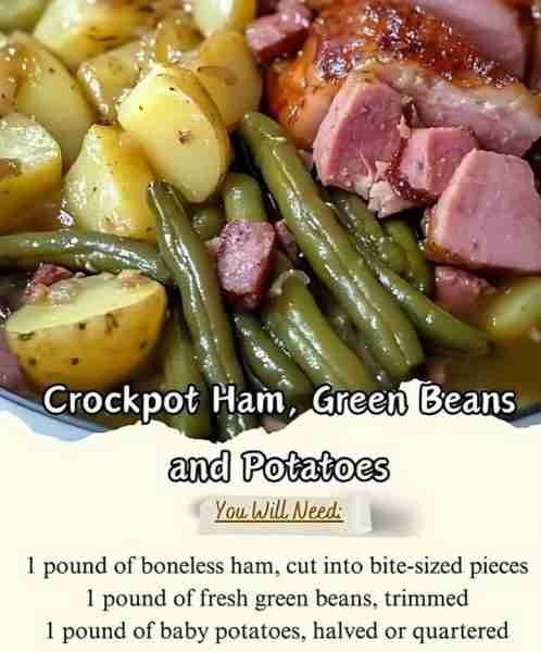 Crockpot Ham, Green Beans and PotatoesIngredients: 1 pound of boneless ham, cut into bite-sized piec...