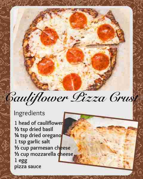 CAULIFLOWER PIZZA CRUST! 1 head of cauliflower ½ tsp dried basil ¼ tsp dried oregano 1 tsp garlic sa...