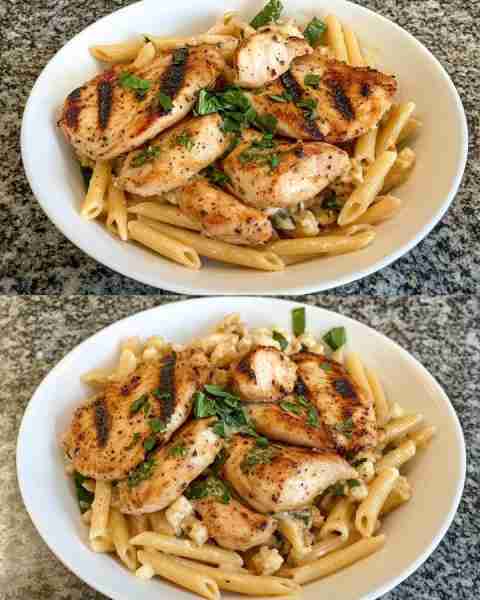 Grilled Chicken with Creamy Cauliflower Penne Charred Herb Chicken over Velvety Cauliflower Cream Pe...
