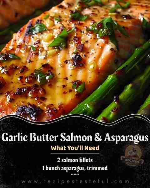 20-Minute Garlic Butter Salmon & Asparagus Ingredients 2 salmon fillets 1 bunch asparagus, trimmed 2...