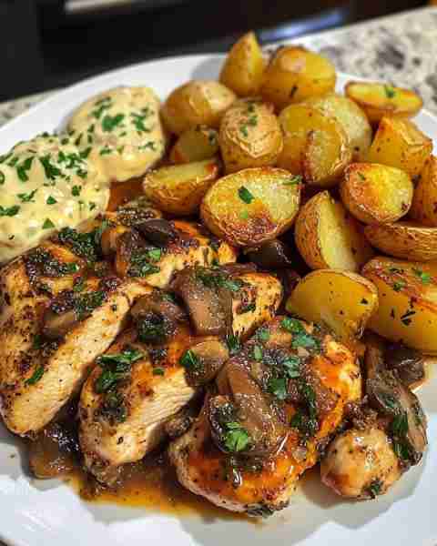 🇮🇹🌿🐔 Tuscan Garlic Mushroom Chicken with Sun-Dried Tomato Pesto and Roasted Garlic Rosemary Potato...