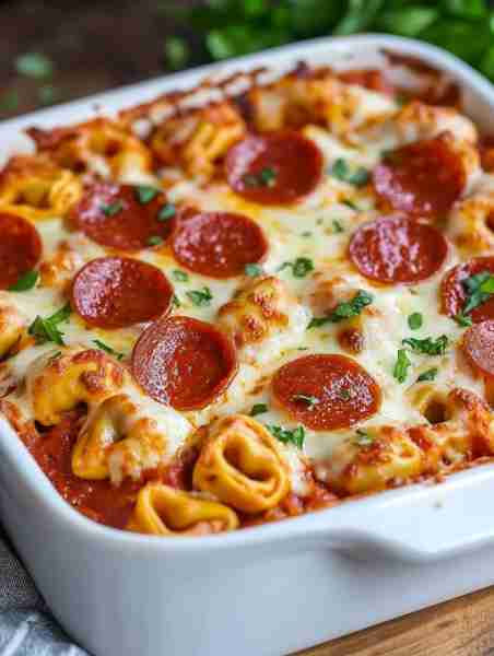 Cheese Tortellini Pepperoni Pizza Casserole 🍕🔥 Ingredients: 9 oz cheese tortellini 1 jar (24 o...