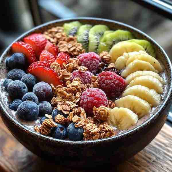 Berry Smoothie Bowl: Blend frozen bananas and berries with a splash of almond milk. Pour into a bowl...