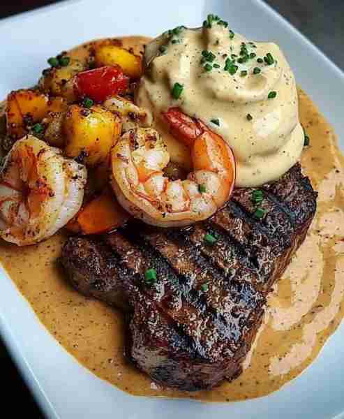 Blackened Steak & Shrimp with Cajun Cream Sauce Ingredients 1 tablespoon olive oil 2 ribeye or sirlo...