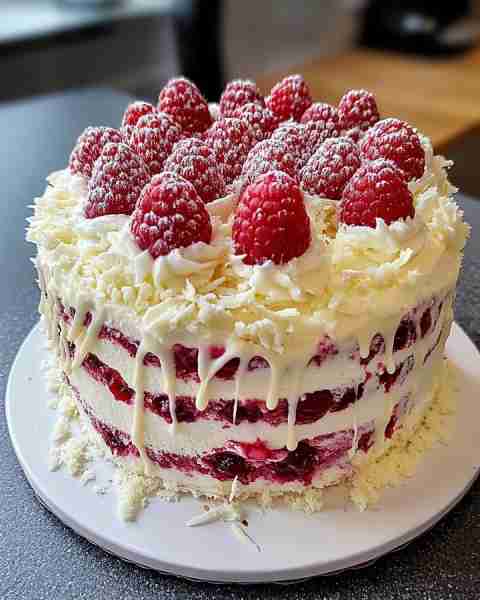 White Chocolate Raspberry Dream Cake 🍰🍫 A slice of heaven, this White Chocolate Raspberry Dream Ca...