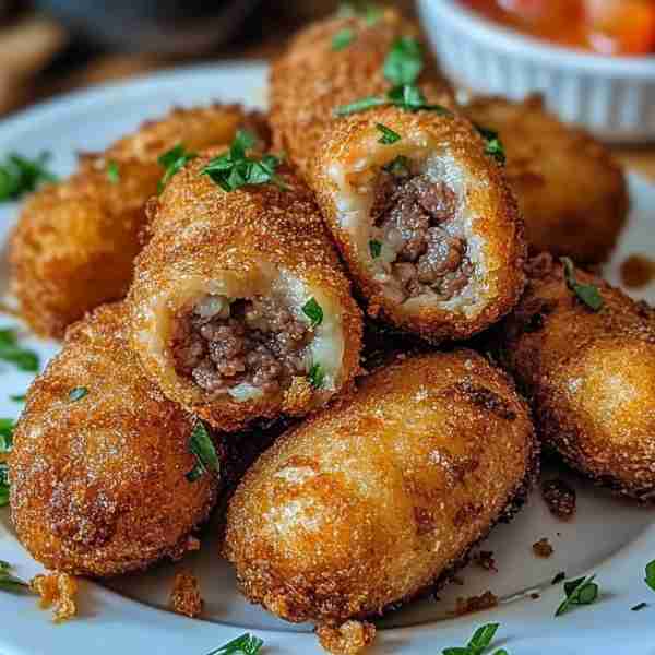 Spicy Garlic Beef Croquettes with Crispy Golden Crust Ingredients: 1 lb ground beef 1 small onion, f...