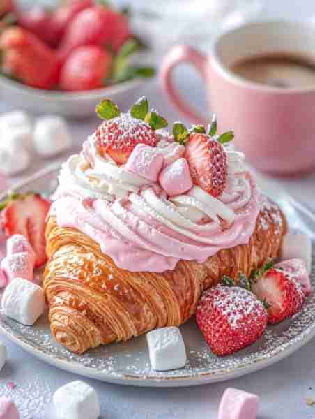 A delightful Strawberry Cream Croissant topped with whipped cream, fresh strawberries, and marshmall...