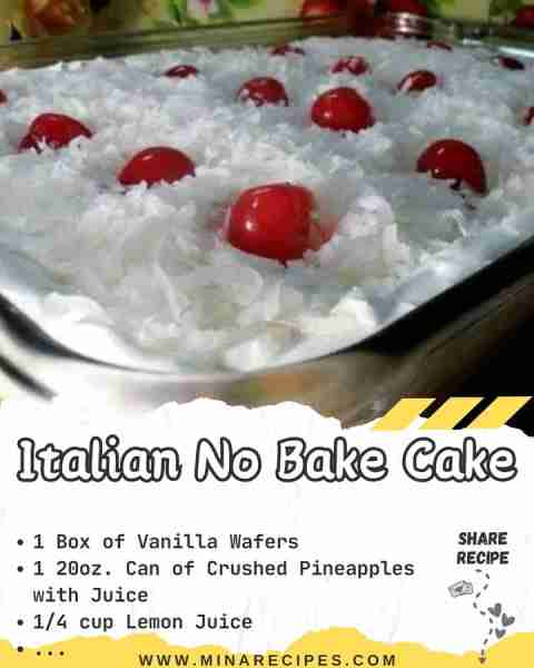 Italian No Bake Cake Ingredients - 1 Box of Vanilla Wafers - 1 20oz. Can of Crushed Pineapples with...