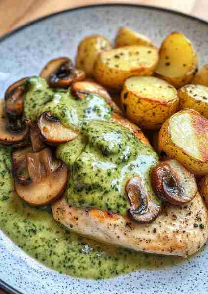 🌿🍄🐔 Creamy Mushroom & Spinach Chicken with Avocado Pesto Potatoes—a vibrant and wholesome dish! T...