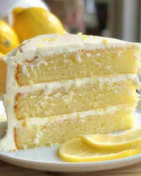 Three-layer Lemon Cake with Frosting Ingredients: For the cake: 2 ½ cups all-purpose flour 2 ½ teas...