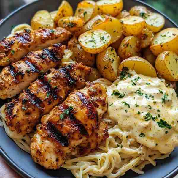 Grilled Chicken Alfredo with Garlic Baby Potatoes 🍗🧄🥔 Savor flame-grilled chicken on a bed of cre...