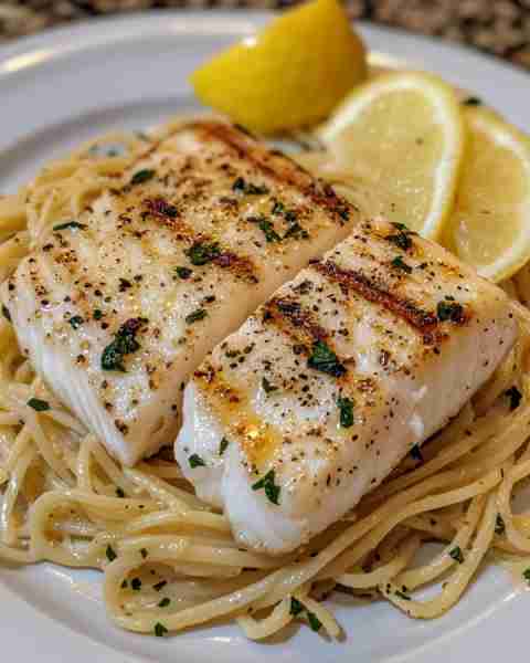 Grilled Halibut with Lemon Butter Pasta Zesty Grilled Halibut over Creamy Lemon Herb Pasta Ingredien...