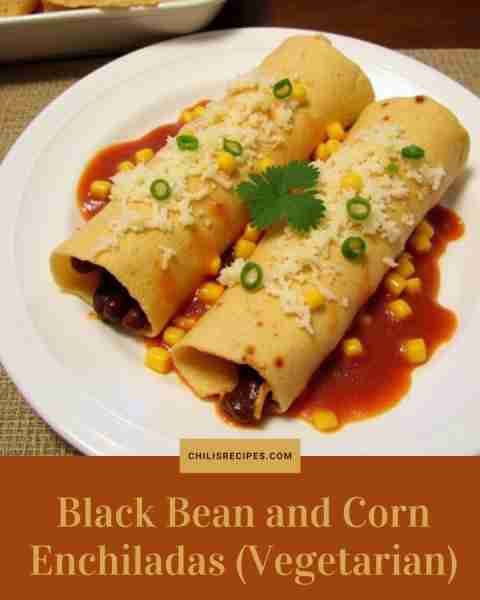 Black Bean and Corn Enchiladas (Vegetarian) Ingredients: Black beans, corn, enchilada sauce, tortill...