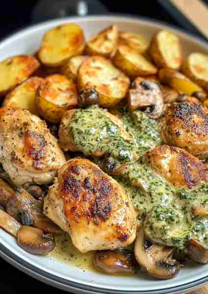 🌿🍄🐔 Creamy Mushroom Garlic Chicken with Walnut Pesto Potatoes—a comforting and flavorful meal wit...